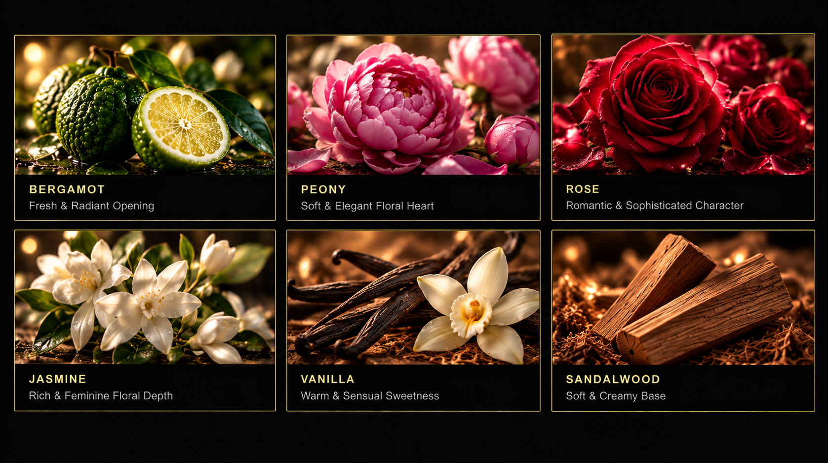ELORIA fragrance notes including Bergamot, Peony, Rose, Jasmine, Vanilla and Sandalwood