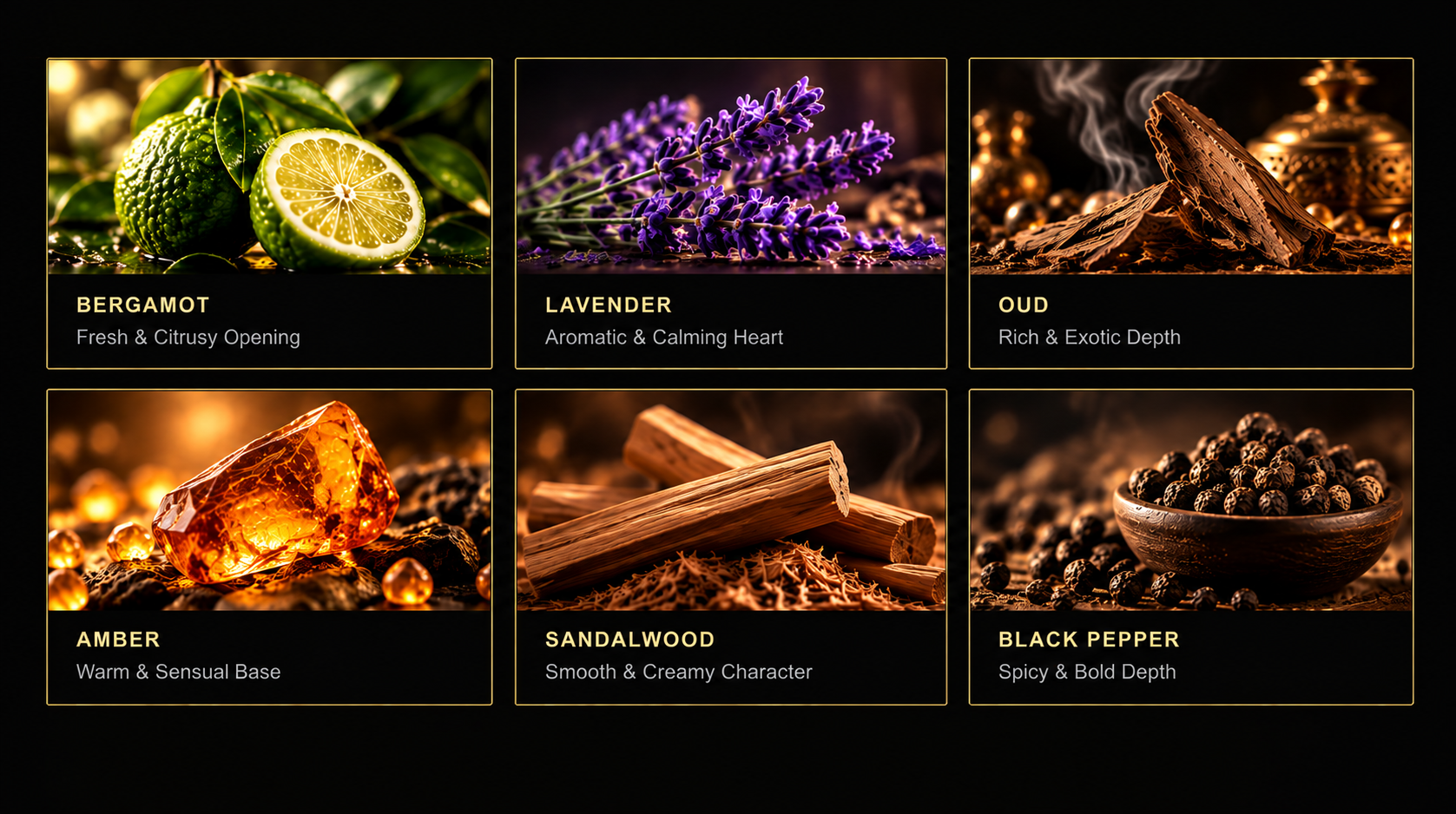 OREVAN fragrance notes: Bergamot, Lavender, Oud, Amber, Sandalwood and Black Pepper
